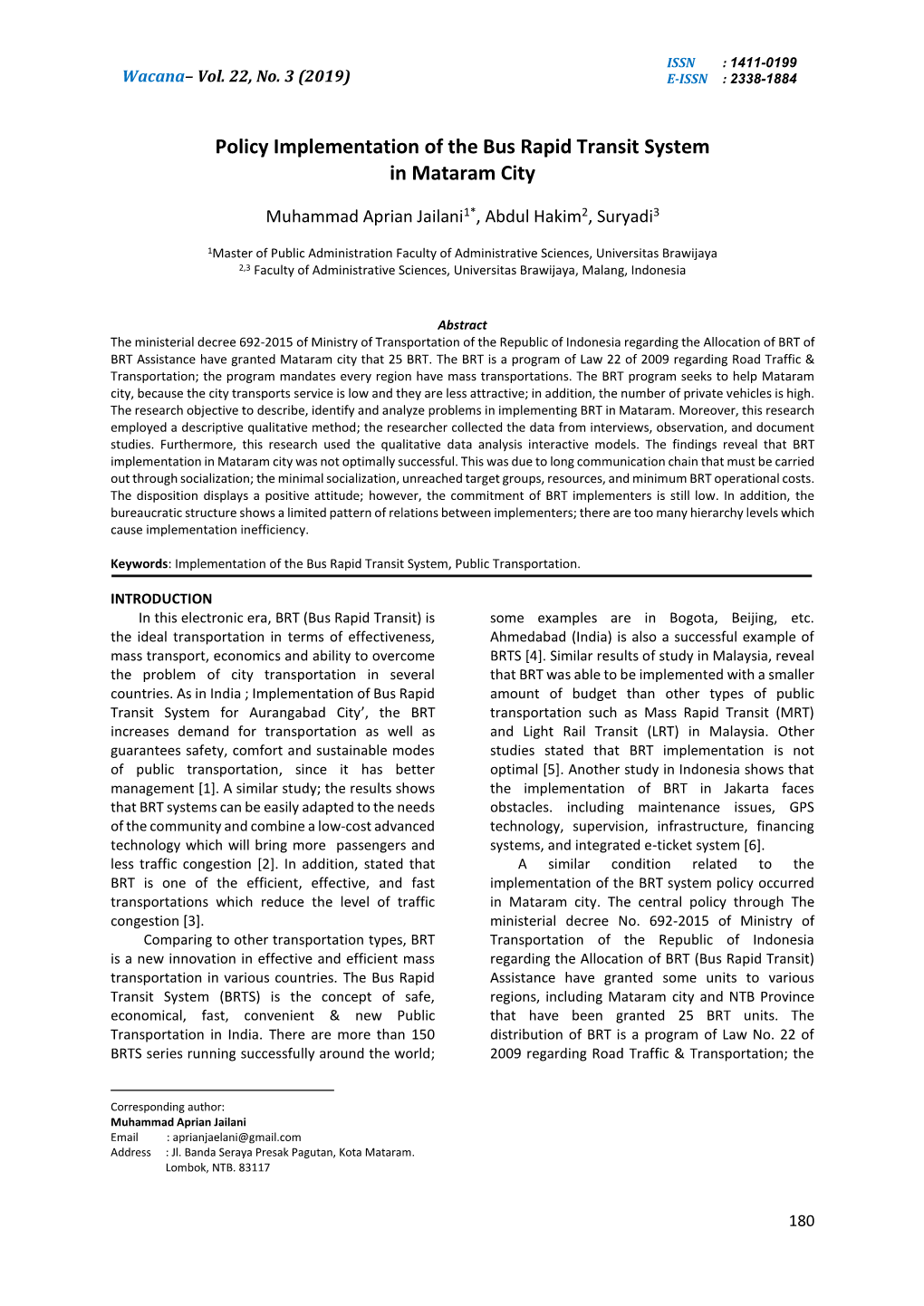 Policy Implementation of the Bus Rapid Transit System in Mataram City