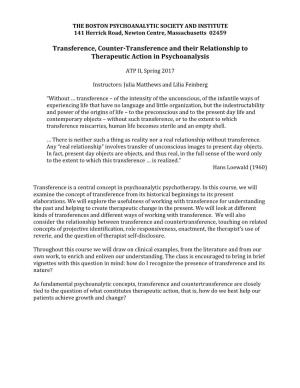 Transference, Counter-Transference and Their Relationship to Therapeutic Action in Psychoanalysis