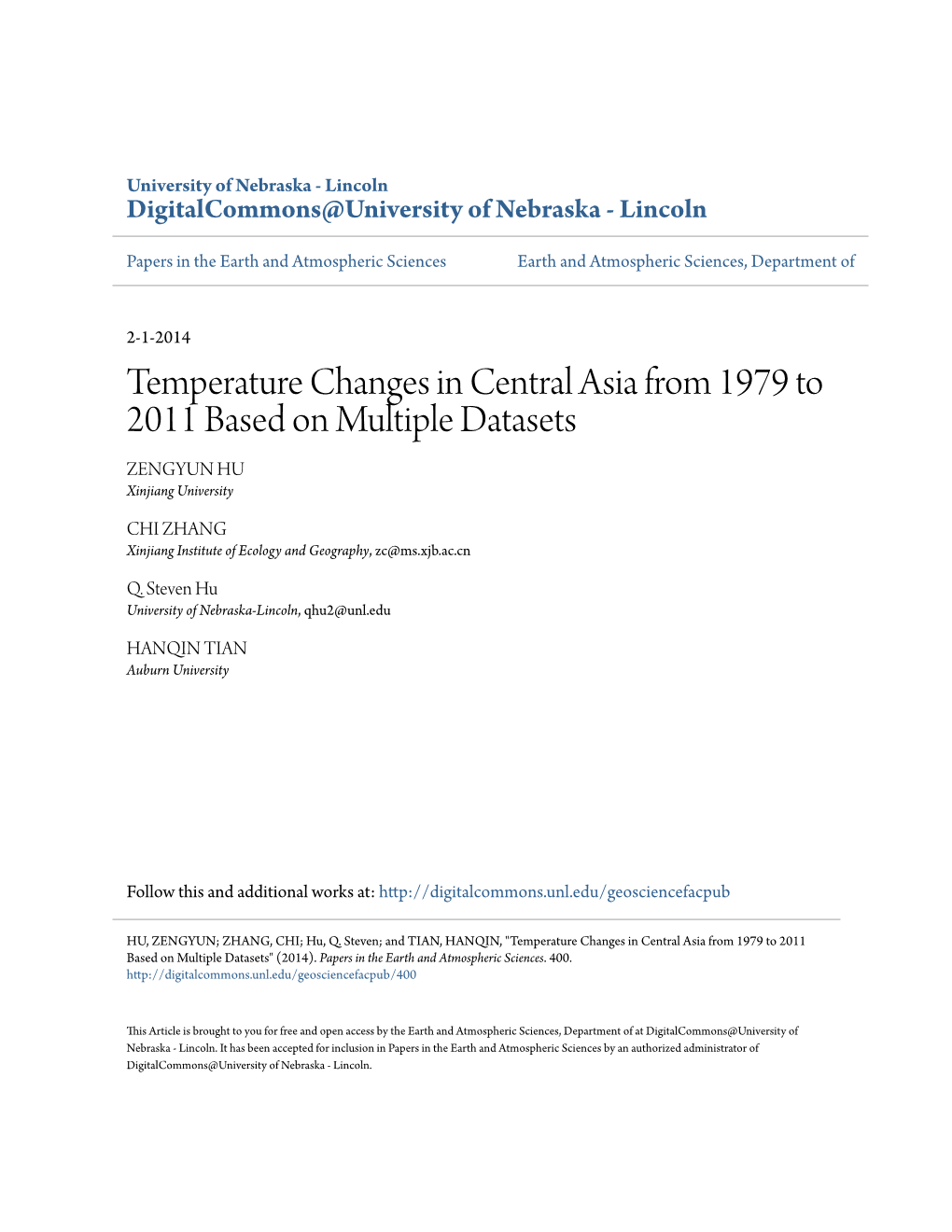 Temperature Changes in Central Asia from 1979 to 2011 Based on Multiple Datasets ZENGYUN HU Xinjiang University