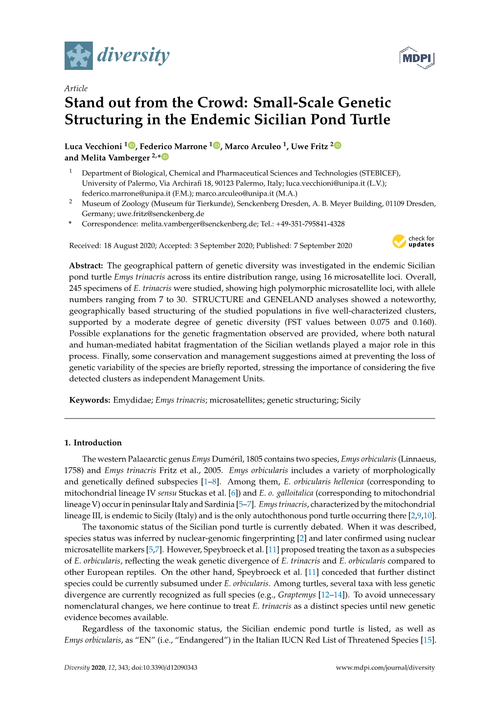 Small-Scale Genetic Structuring in the Endemic Sicilian Pond Turtle