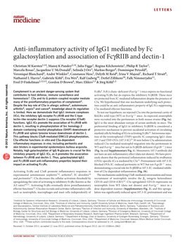 Anti-Inflammatory Activity of Igg1 Mediated by Fc Galactosylation And
