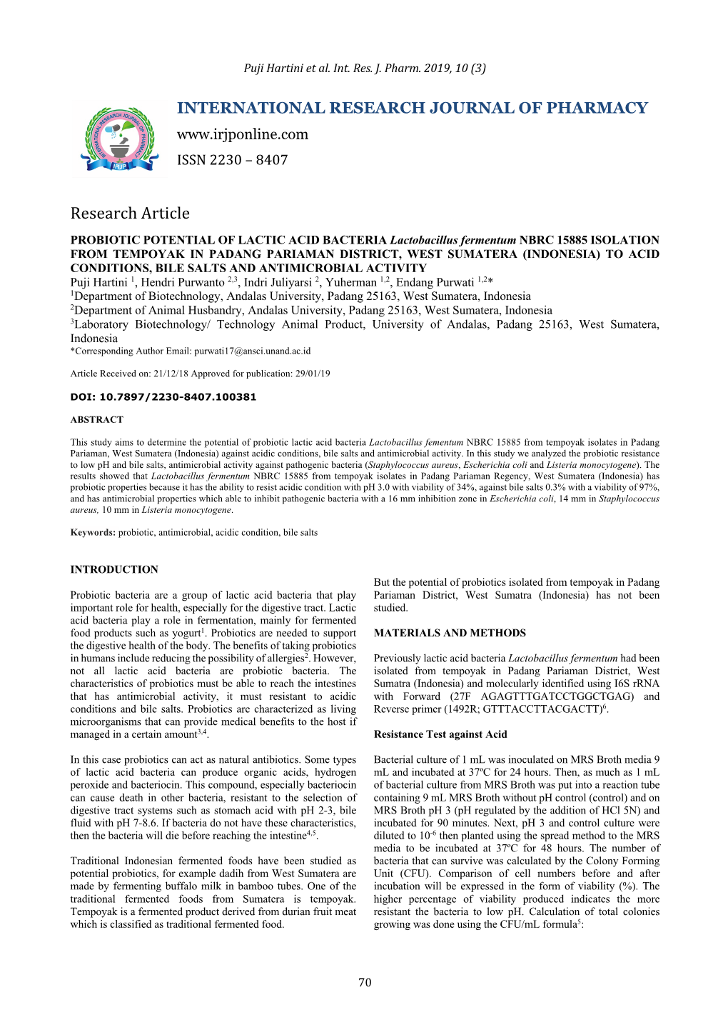 PROBIOTIC POTENTIAL of LACTIC ACID BACTERIA Lactobacillus Fermentum NBRC 15885 ISOLATION from TEMPOYAK in PADANG PARIAMAN