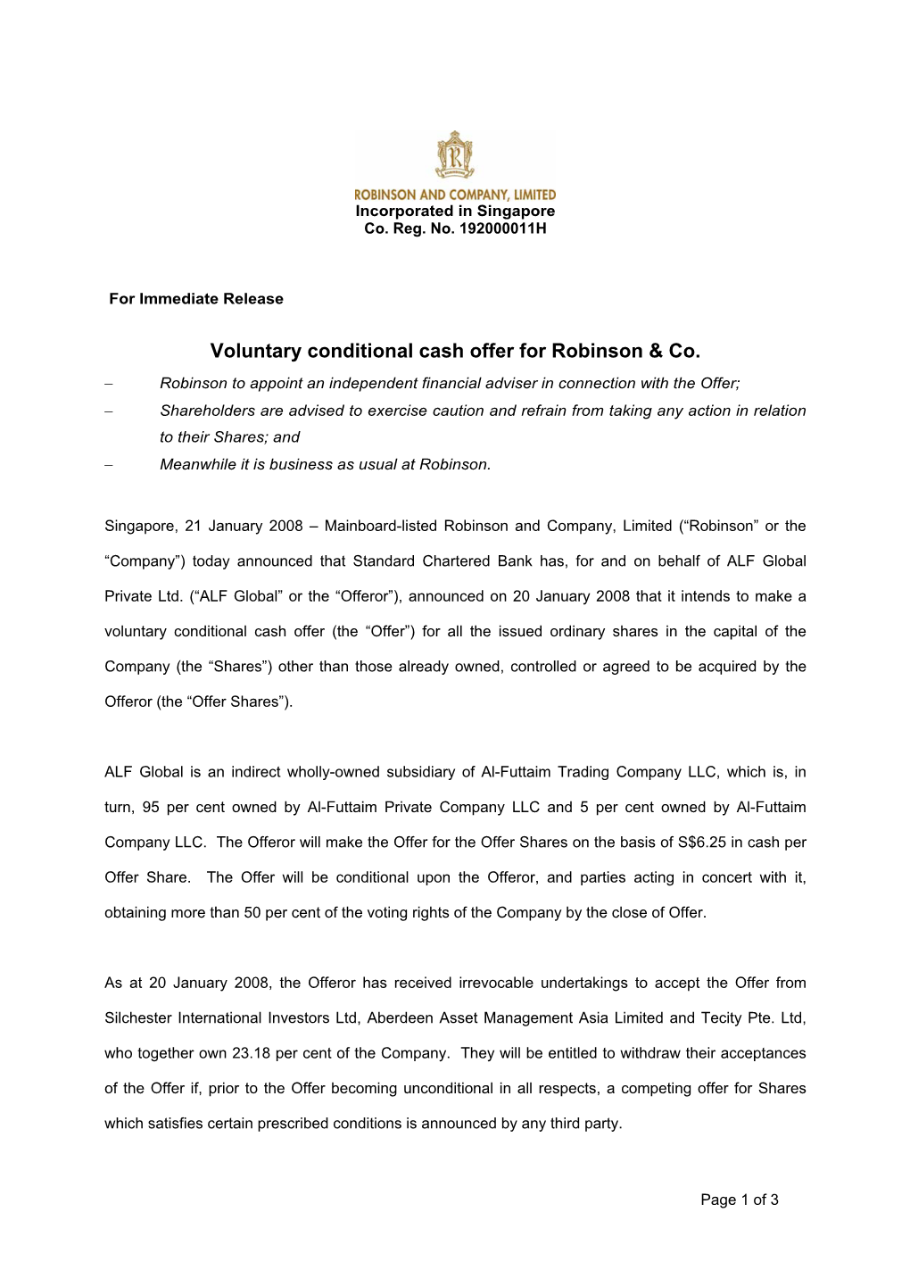 Voluntary Conditional Cash Offer for Robinson &