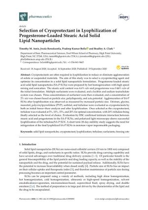 Selection of Cryoprotectant in Lyophilization of Progesterone-Loaded Stearic Acid Solid Lipid Nanoparticles