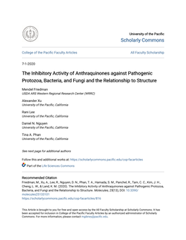 The Inhibitory Activity of Anthraquinones Against Pathogenic Protozoa, Bacteria, and Fungi and the Relationship to Structure