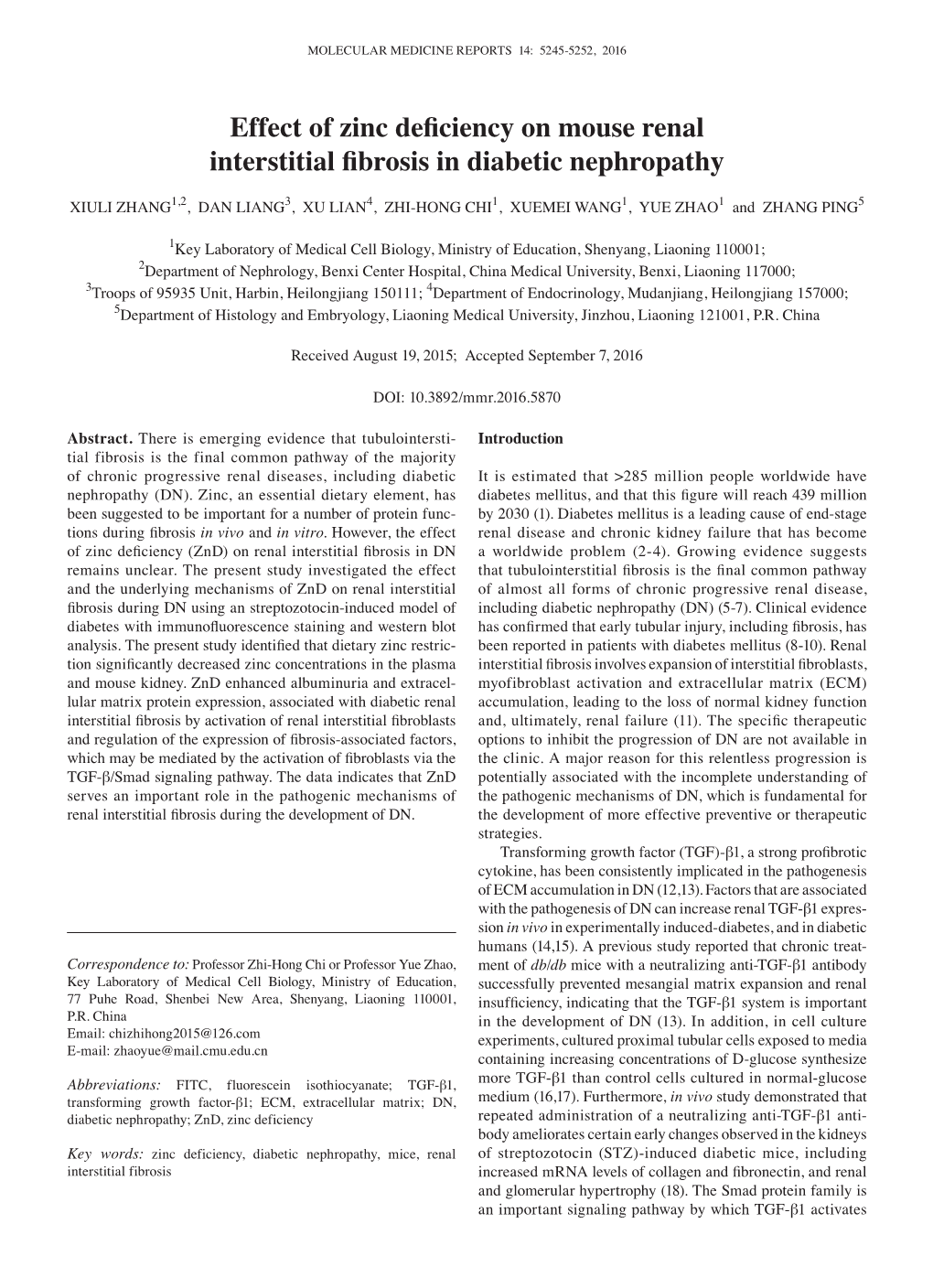 Effect of Zinc Deficiency on Mouse Renal Interstitial Fibrosis in Diabetic Nephropathy