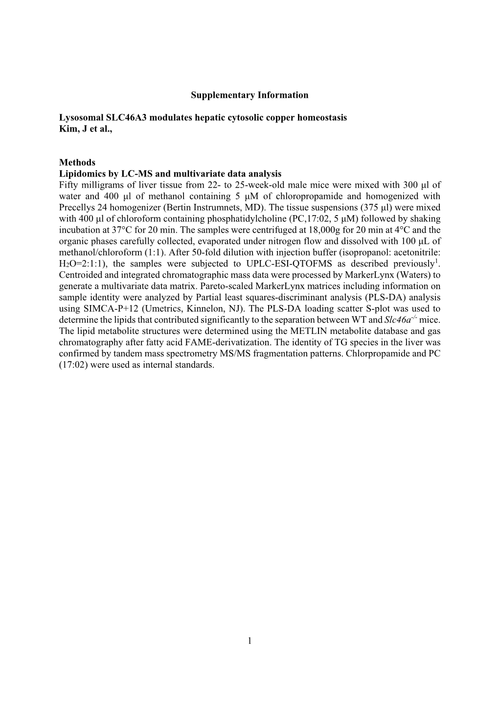 1 Supplementary Information Lysosomal SLC46A3 Modulates