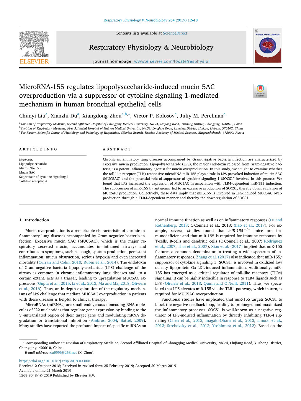 Microrna-155 Regulates Lipopolysaccharide-Induced Mucin