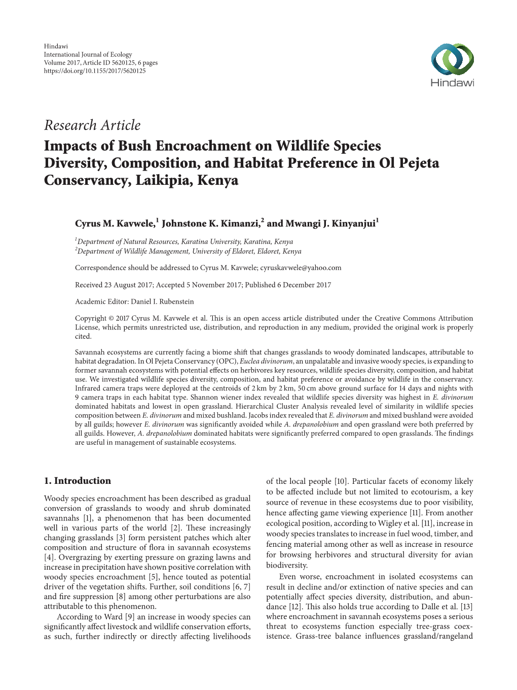 Research Article Impacts of Bush Encroachment on Wildlife Species Diversity, Composition, and Habitat Preference in Ol Pejeta Conservancy, Laikipia, Kenya