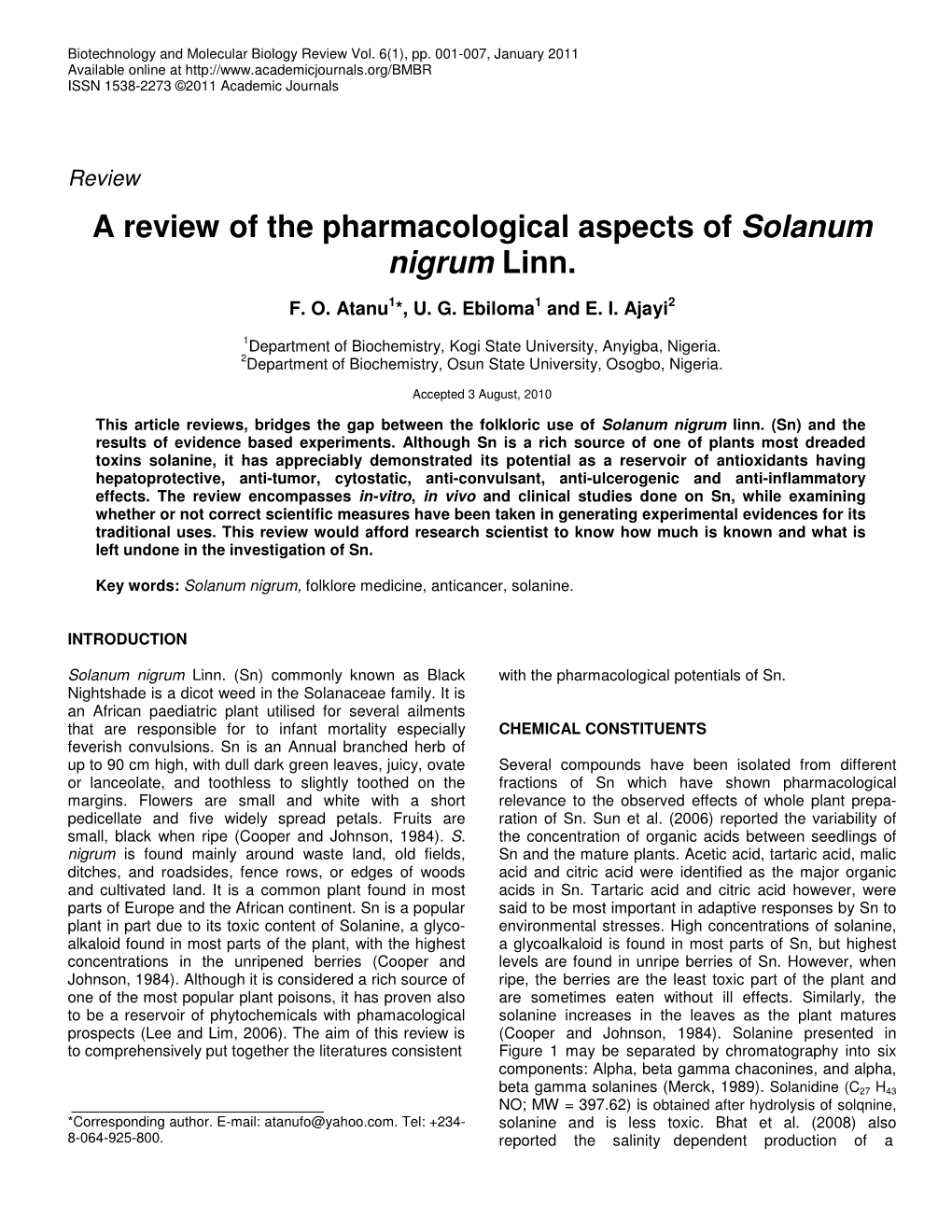 A Review of the Pharmacological Aspects of Solanum Nigrum Linn