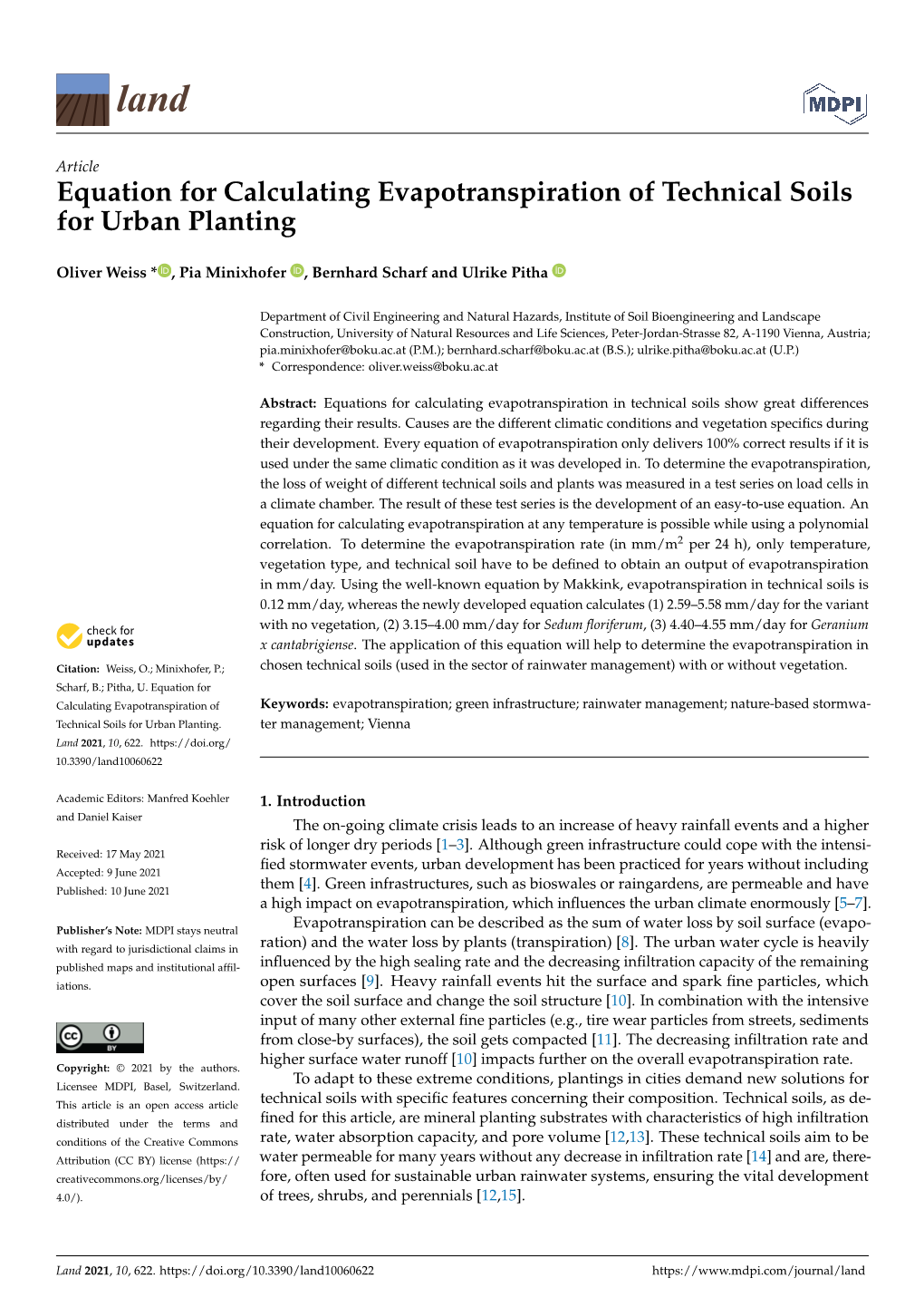 Equation for Calculating Evapotranspiration of Technical Soils for Urban Planting