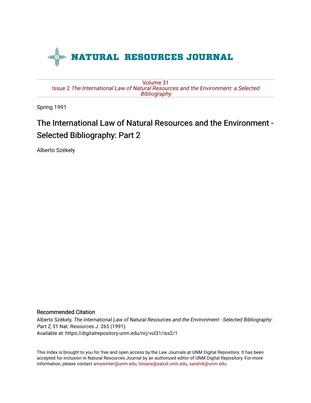The International Law of Natural Resources and the Environment: a Selected Bibliography