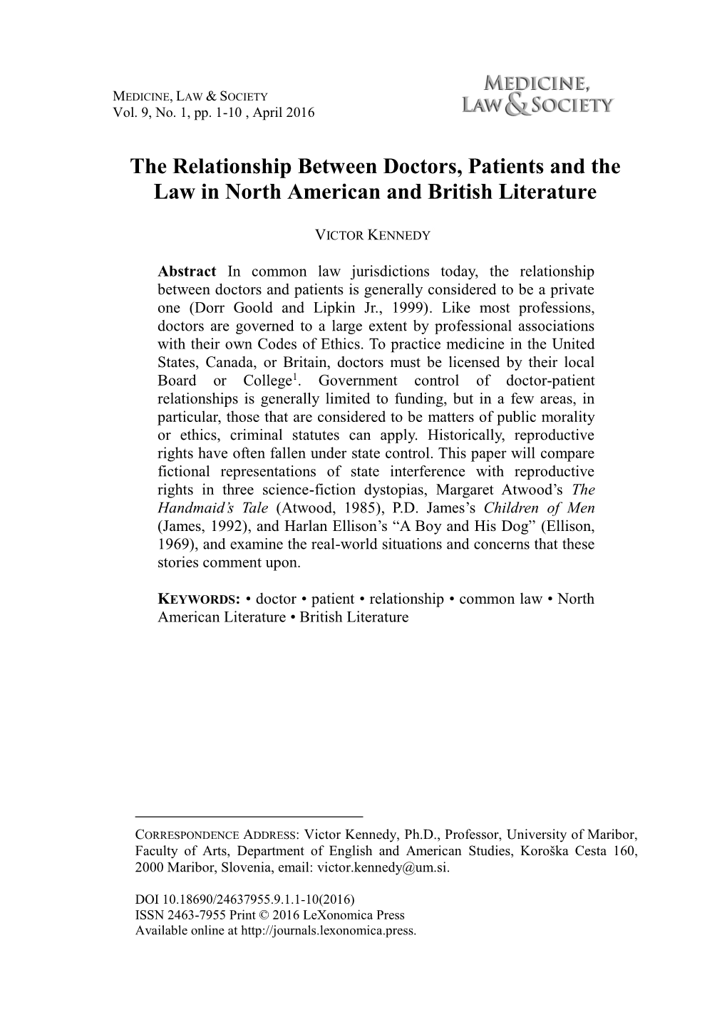 The Relationship Between Doctors, Patients and the Law in North American and British Literature