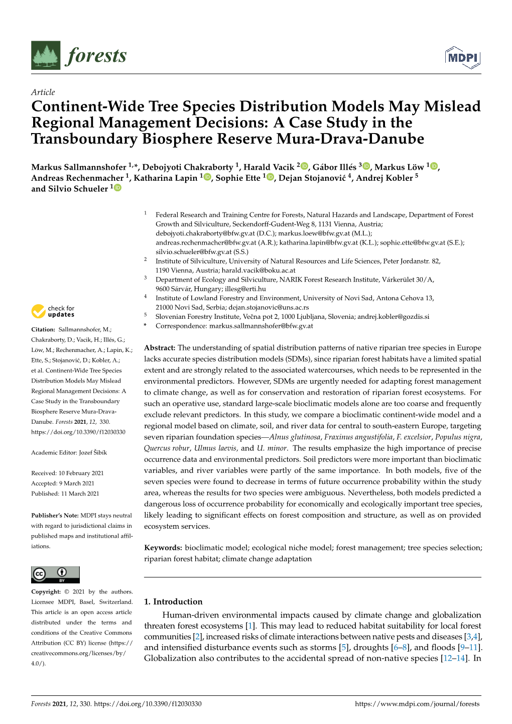 Continent-Wide Tree Species Distribution Models May Mislead Regional Management Decisions: a Case Study in the Transboundary Biosphere Reserve Mura-Drava-Danube