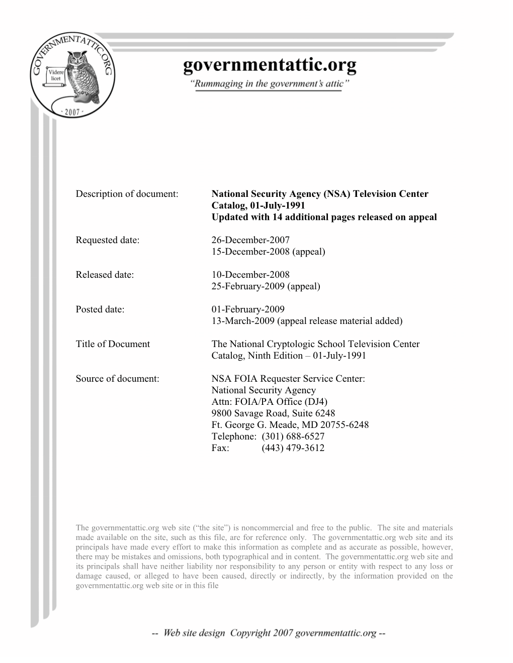 National Security Agency (NSA) Television Center Catalog, 01-July-1991 Updated with 14 Additional Pages Released on Appeal