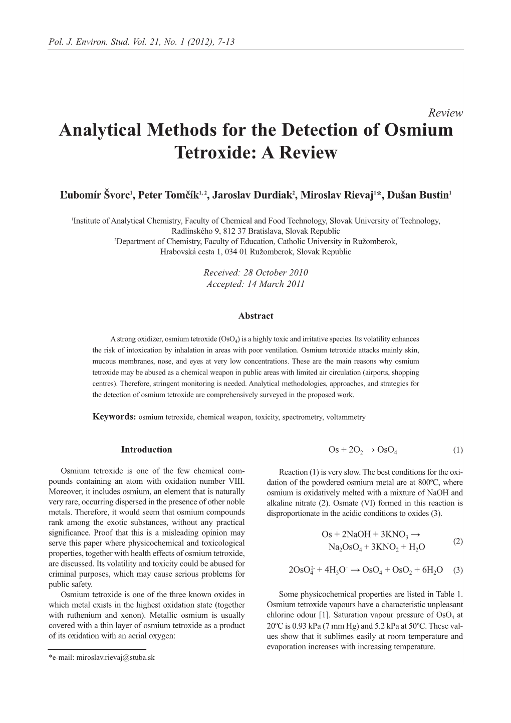Analytical Methods for the Detection of Osmium Tetroxide: a Review