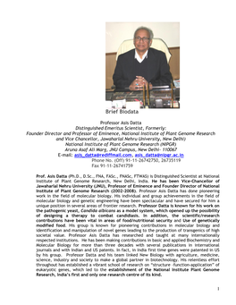 Prof. Asis Datta (Ph.D., D.Sc., FNA, Fasc., Fnasc, FTWAS) Is Distinguished Scientist at National Institute of Plant Genome Research, New Delhi, India