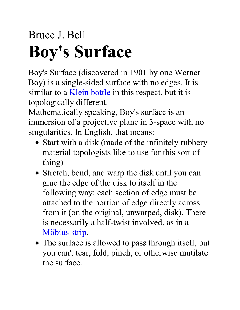 Boy's Surface Boy's Surface (Discovered in 1901 by One Werner Boy) Is a Single-Sided Surface with No Edges