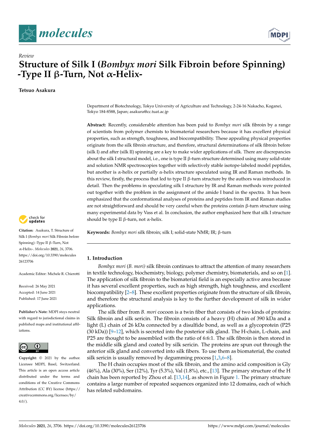 Bombyx Mori Silk Fibroin Before Spinning) -Type II Β-Turn, Not Α-Helix