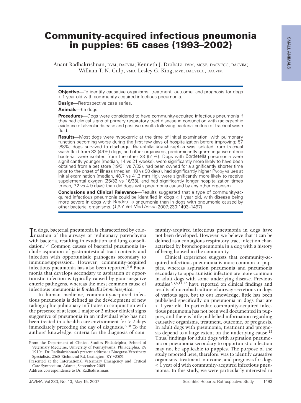 Community-Acquired Infectious Pneumonia in Puppies: 65 Cases