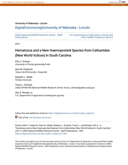 Hematozoa and a New Haemoproteid Species from Cathartidae (New World Vulture) in South Carolina