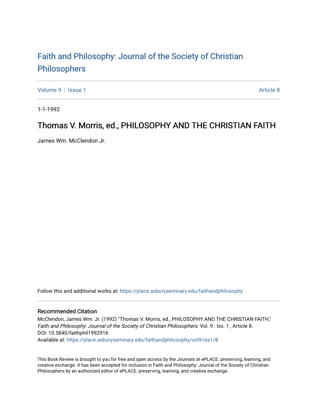 Thomas V. Morris, Ed., PHILOSOPHY and the CHRISTIAN FAITH