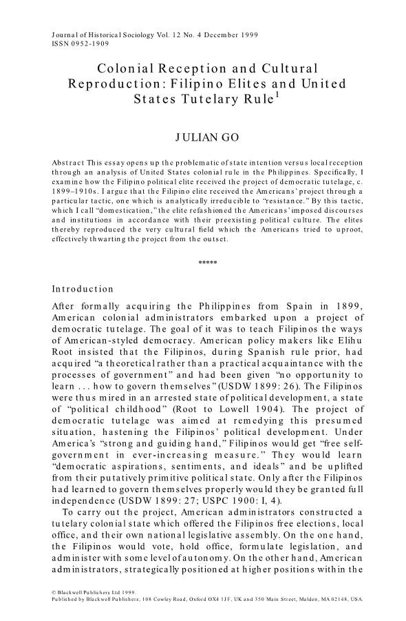 Filipino Elites and United States Tutelary Rule1