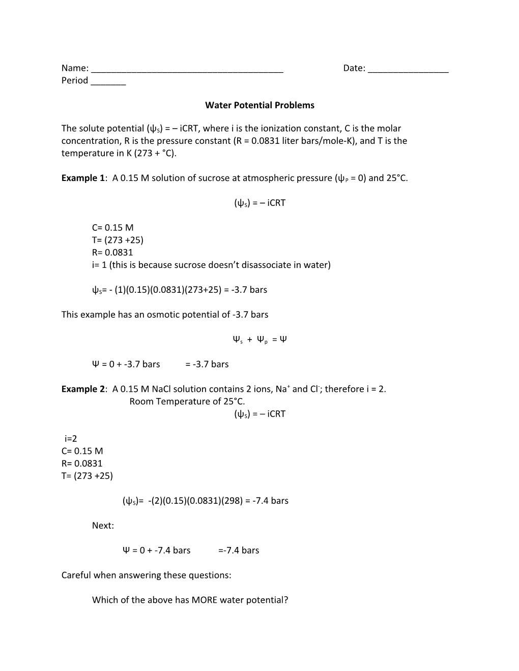 Water Potential Problems