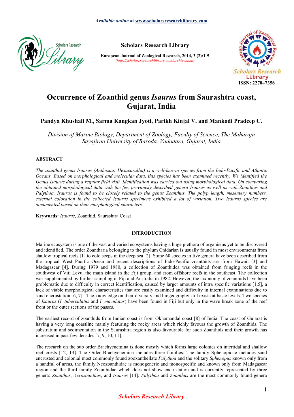 Occurrence of Zoanthid Genus Isaurus from Saurashtra Coast, Gujarat, India