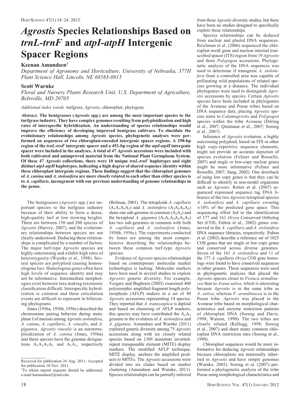 Agrostis Species Relationships Based on Trnl-Trnf and Atpi-Atph