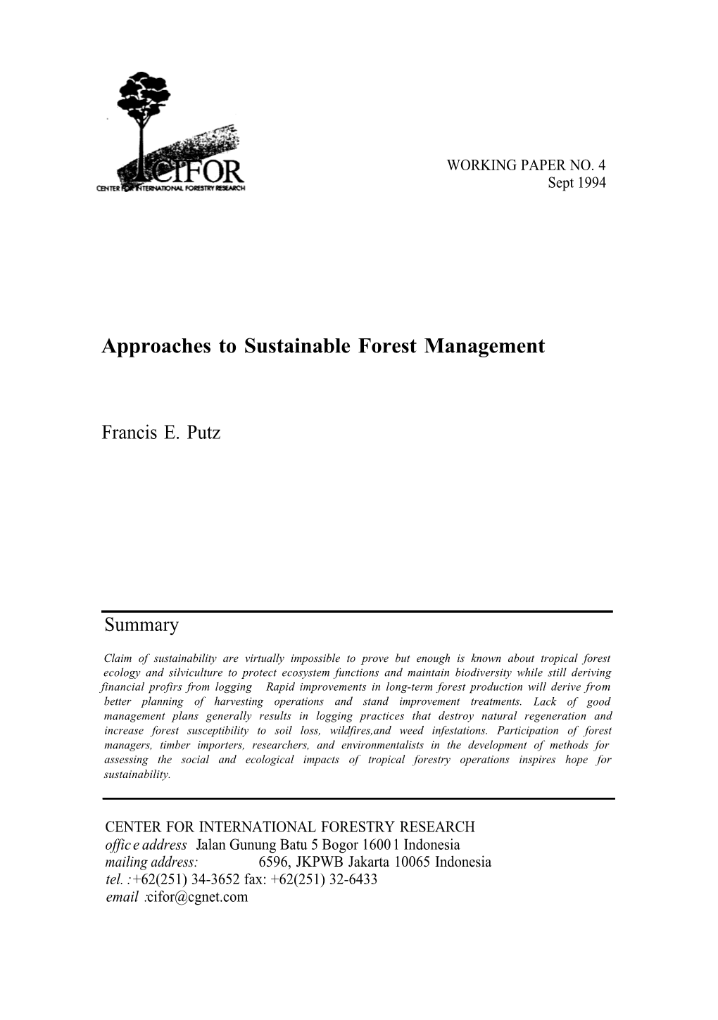 Approaches to Sustainable Forest Management