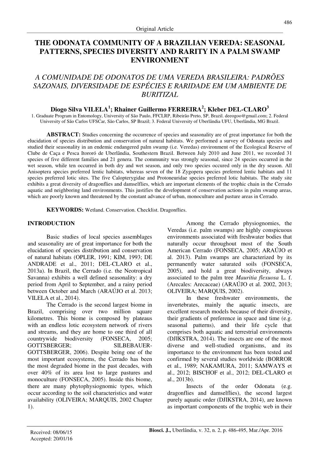 The Odonata Community of a Brazilian Vereda: Seasonal Patterns, Species Diversity and Rarity in a Palm Swamp Environment