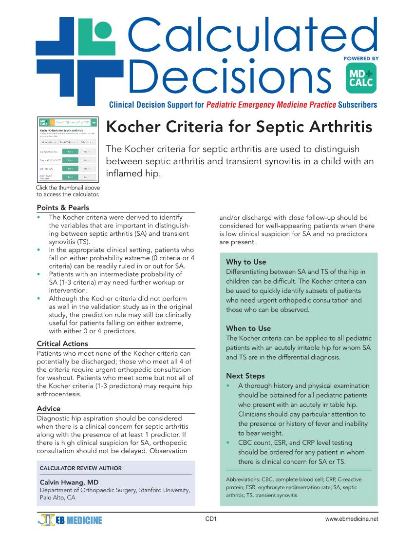 Kocher Criteria for Septic Arthritis