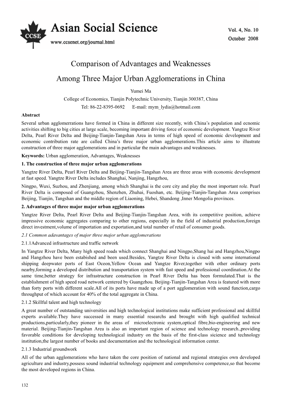 Comparison of Advantages and Weaknesses Among Three Major Urban Agglomerations in China