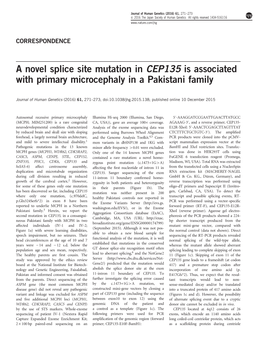 A Novel Splice Site Mutation in CEP135 Is Associated with Primary Microcephaly in a Pakistani Family