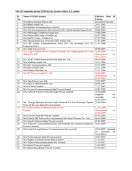 List of Companies Having NLD Service Licence Before UL Regime