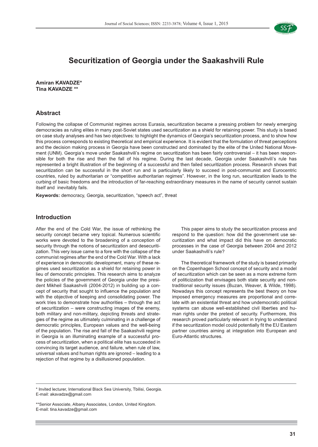 Securitization of Georgia Under the Saakashvili Rule