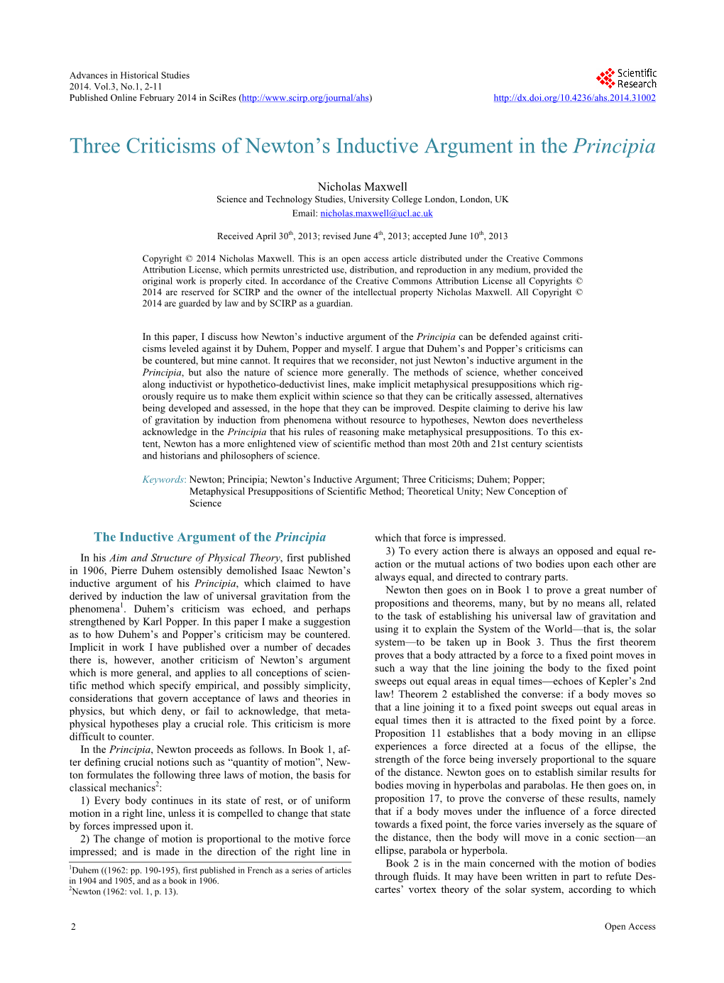Three Criticisms of Newton's Inductive Argument in the Principia