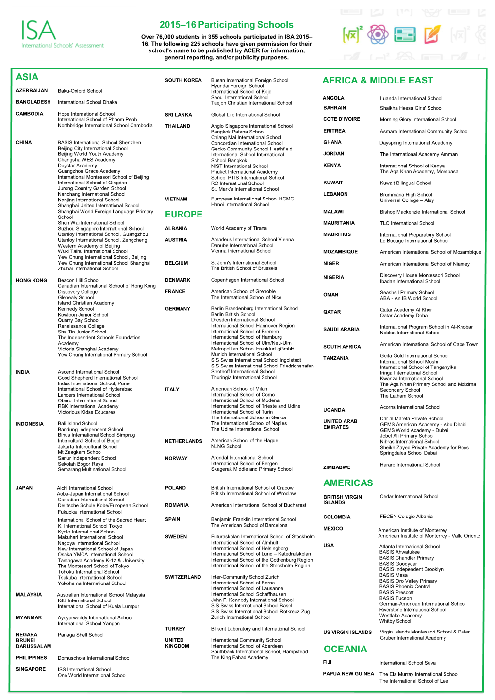 AMERICAS 2015–16 Participating Schools ASIA EUROPE OCEANIA