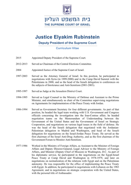 Justice Elyakim Rubinstein Deputy President of the Supreme Court Curriculum Vitae