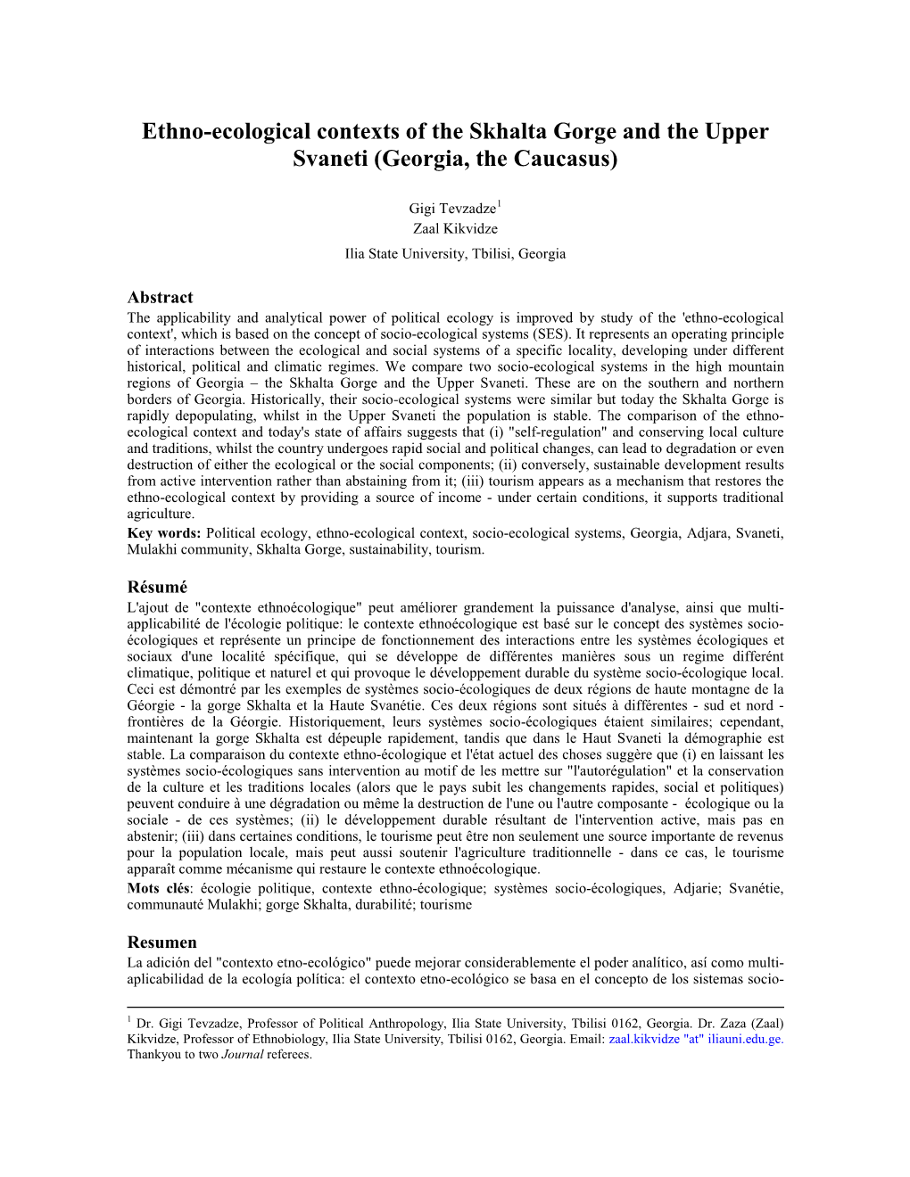 Ethno-Ecological Contexts of the Skhalta Gorge and the Upper Svaneti (Georgia, the Caucasus)