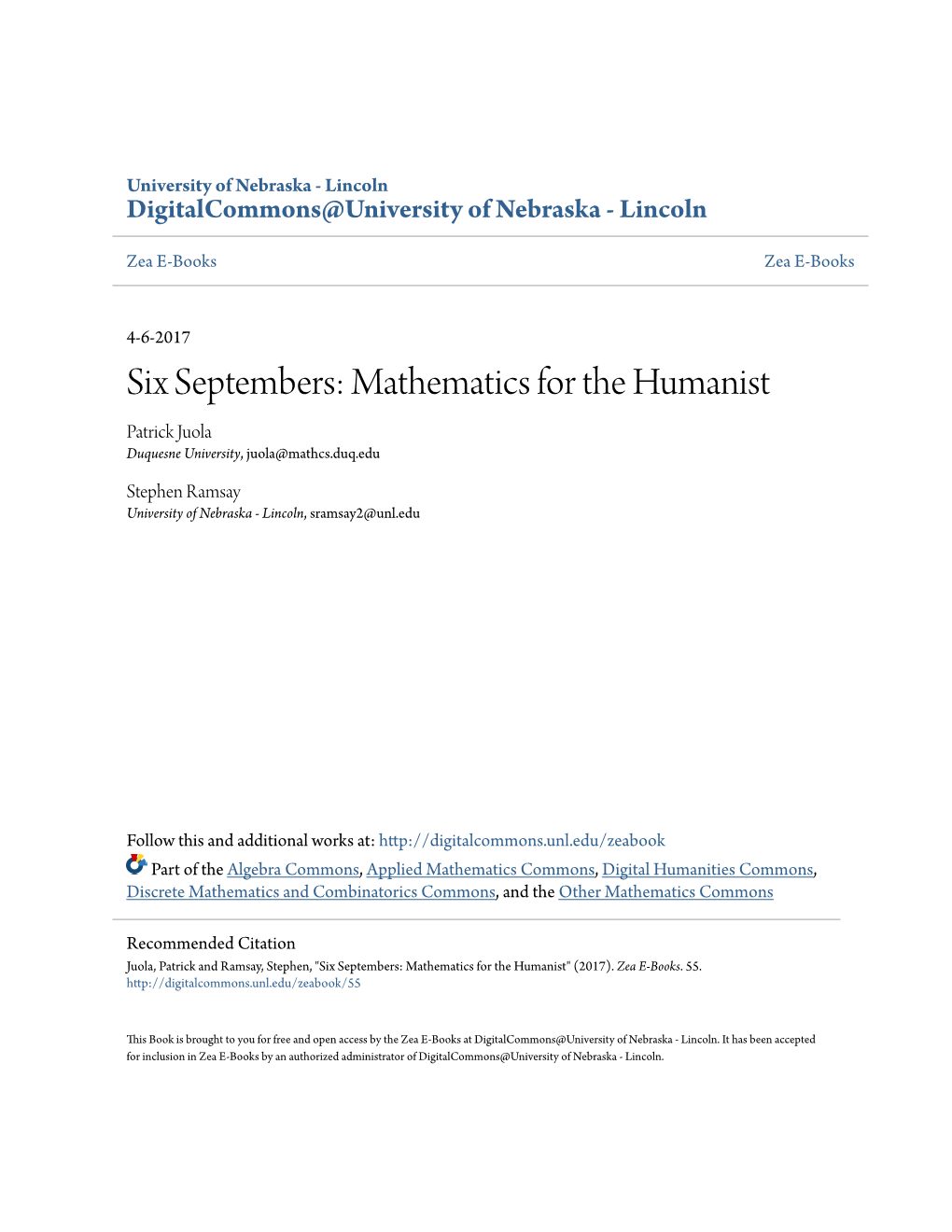 Six Septembers: Mathematics for the Humanist Patrick Juola Duquesne University, Juola@Mathcs.Duq.Edu