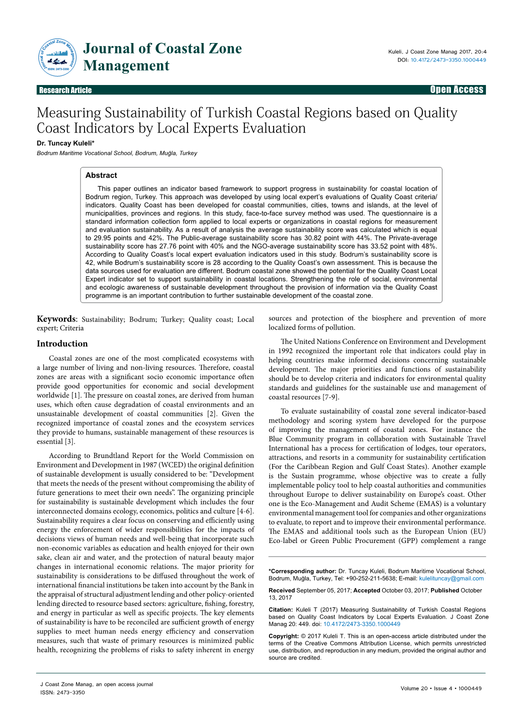 Measuring Sustainability of Turkish Coastal Regions Based on Quality Coast Indicators by Local Experts Evaluation Dr