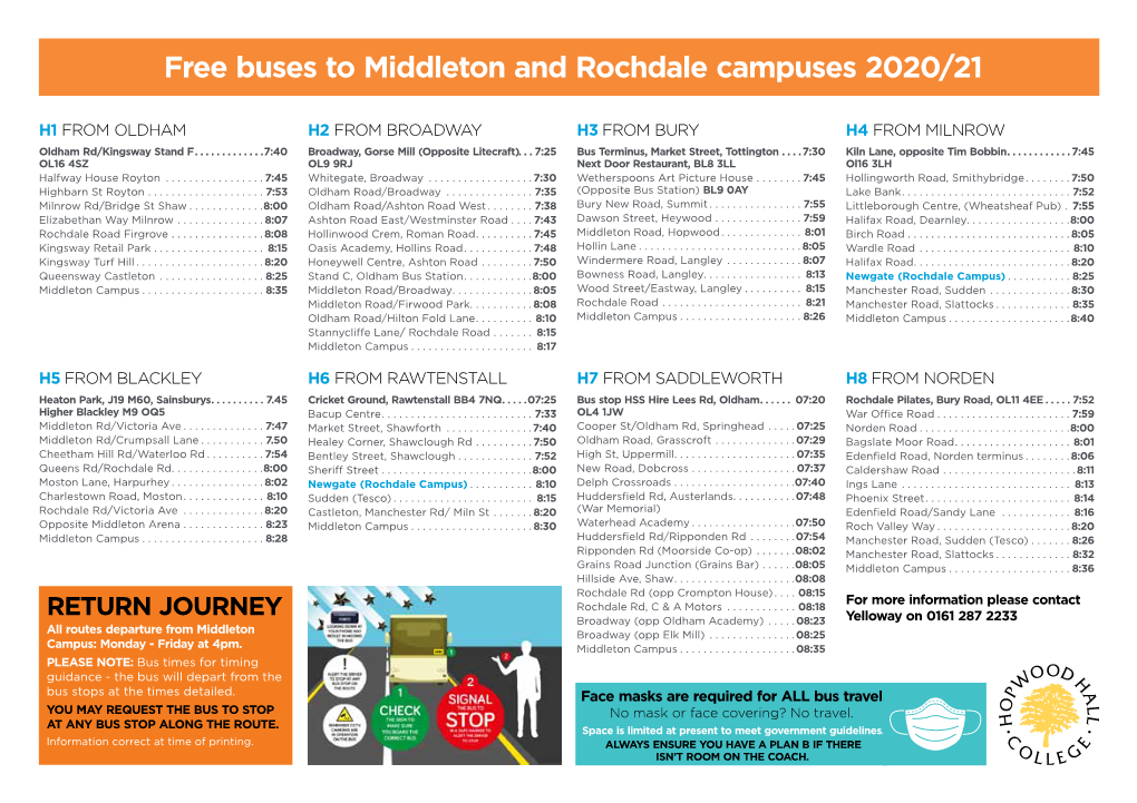 Free Buses to Middleton and Rochdale Campuses 2020/21