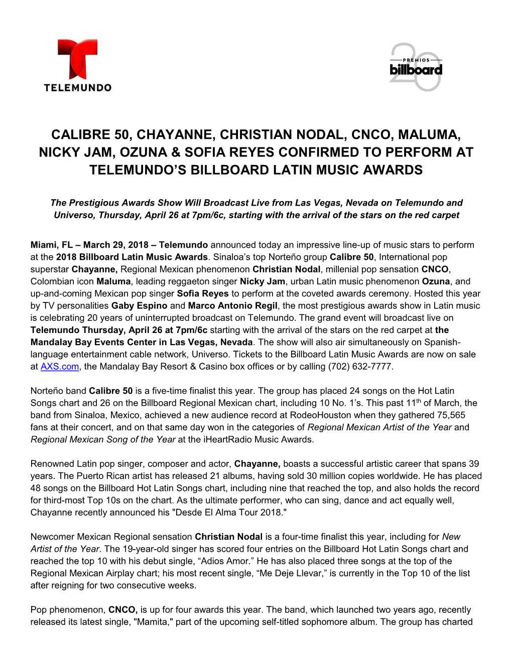 Calibre 50, Chayanne, Christian Nodal, Cnco, Maluma, Nicky Jam, Ozuna & Sofia Reyes Confirmed to Perform at Telemundo’S Billboard Latin Music Awards