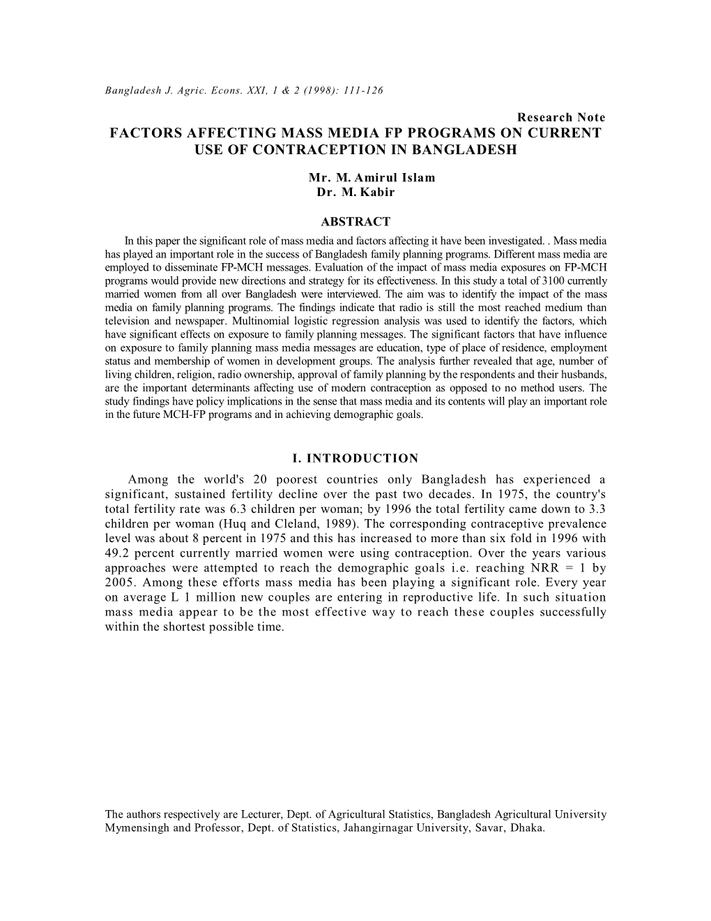 Factors Affecting Mass Media Fp Programs on Current Use of Contraception in Bangladesh