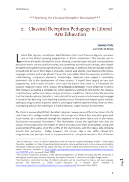 1 2. Classical Reception Pedagogy in Liberal Arts Education