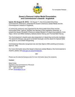 Queen's Diamond Jubilee Medal Presentation and Commissioner's