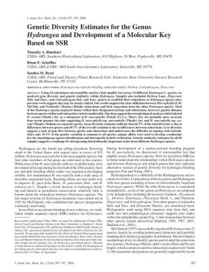 Genetic Diversity Estimates for the Genus Hydrangea and Development of a Molecular Key Based on SSR Timothy A