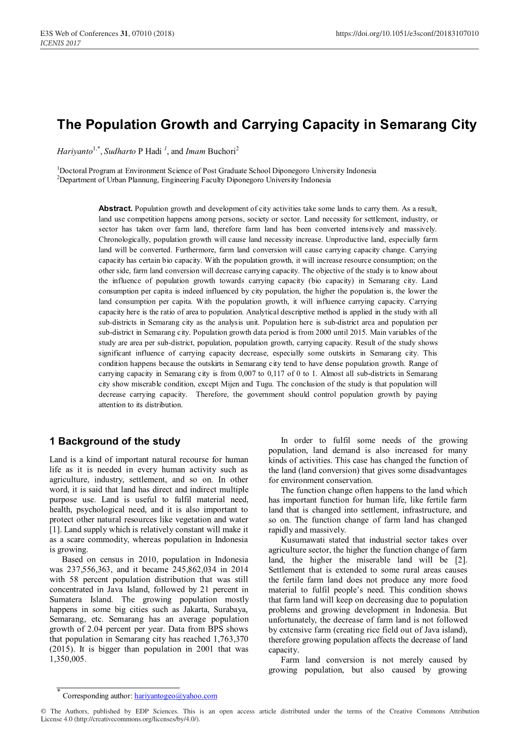 The Population Growth and Carrying Capacity in Semarang City